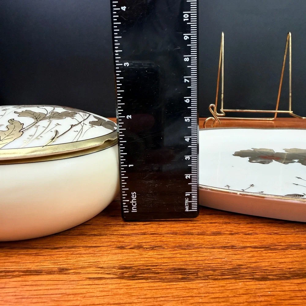 1909 Art Deco Dresser Tray & Covered Jar Set Porcelain Gold Antique Poppy LOOK